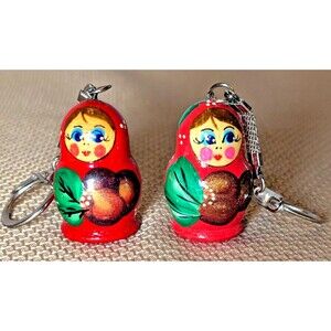Russian Matryushka Keychains Nesting Doll Design Set Of 2 Red Floral Wood Metal